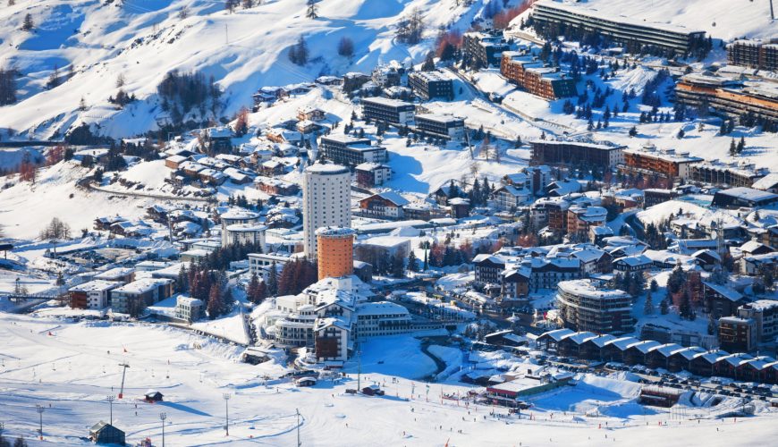 Aerial view of the Sestriere ski resort slopes in Italy