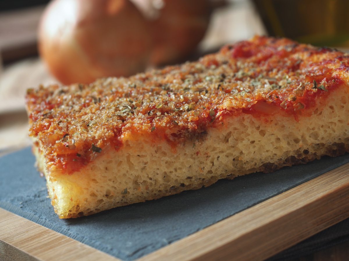 Close-up of the traditional Sfincione  Sicilian pizza