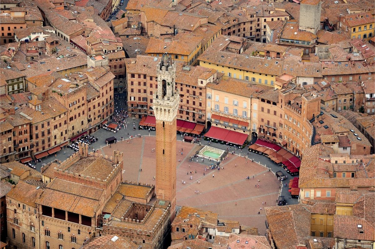 Aerial view view of Piazza del Campo and Siena, Tuscany, Italy townscape