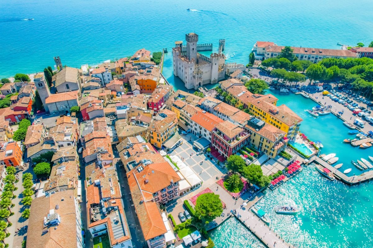 Aerial view of the Rocca Scaligera Castle and Sirmione townscape in Lake Garda, Italy