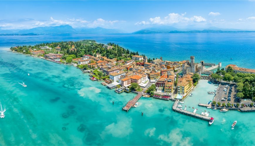 Aerial view of the Sirmione town in Garda Lake, Italy