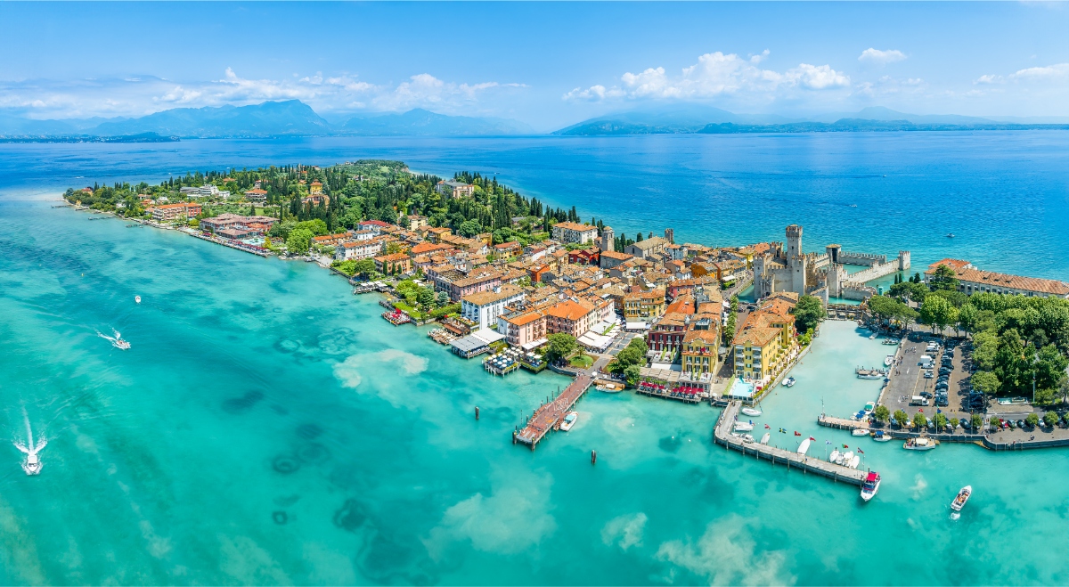 Aerial view of the Sirmione town in Garda Lake, Italy