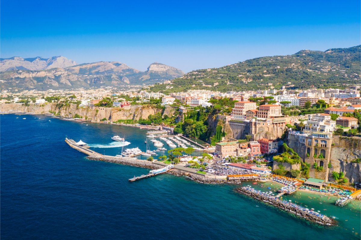 An aerial view of Sorrento's coastline in Italy