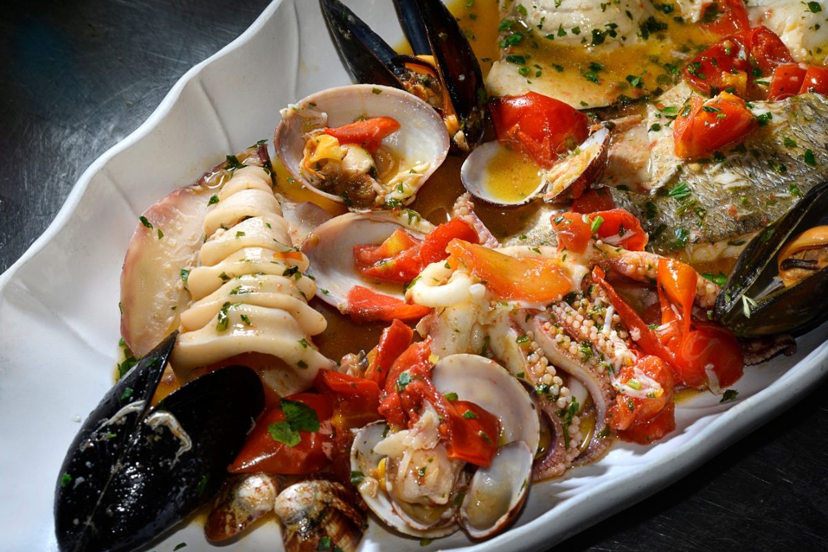 Close-up of a fish and seafood soup served in Sorrento, Italy