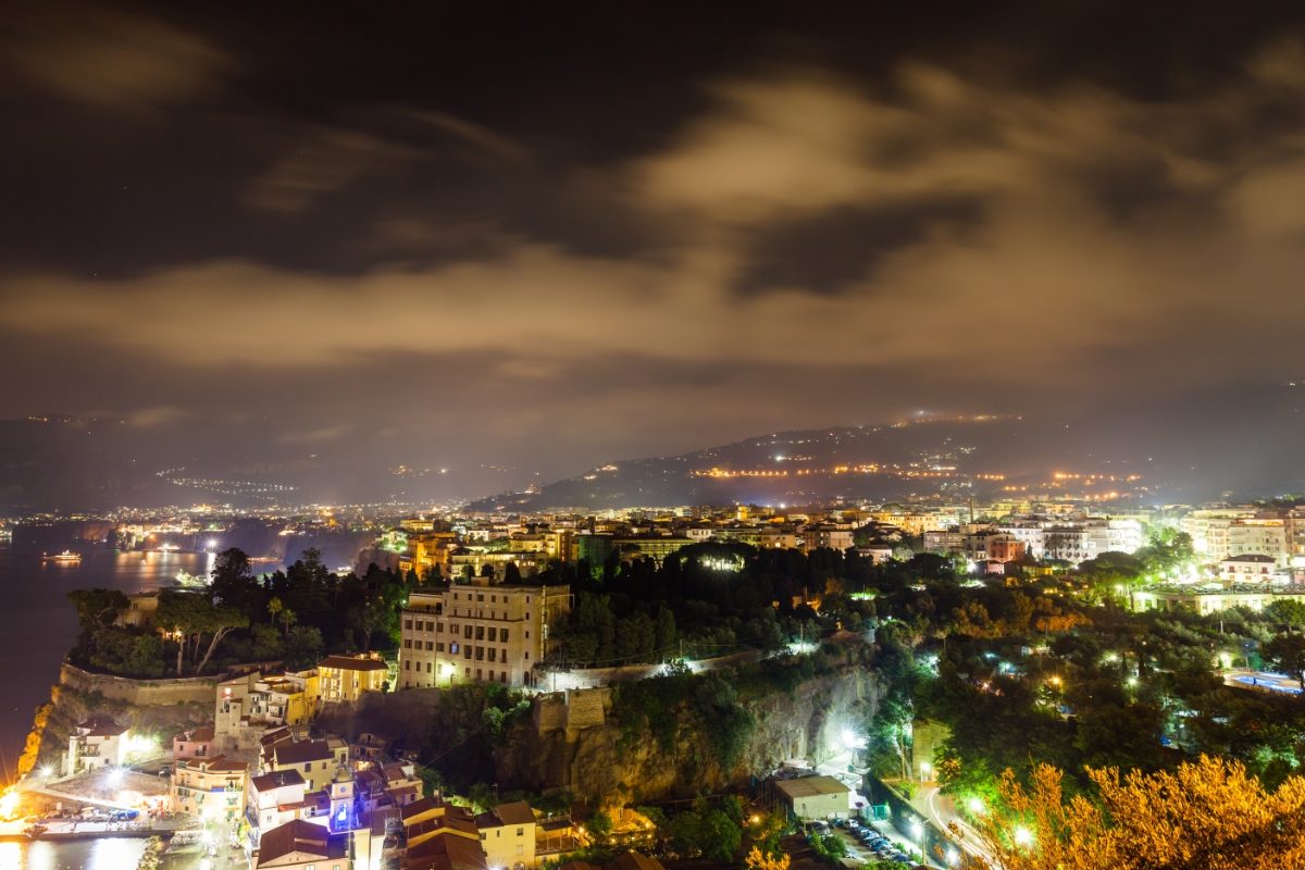 Aerial view of Sorrento, Italy night lights