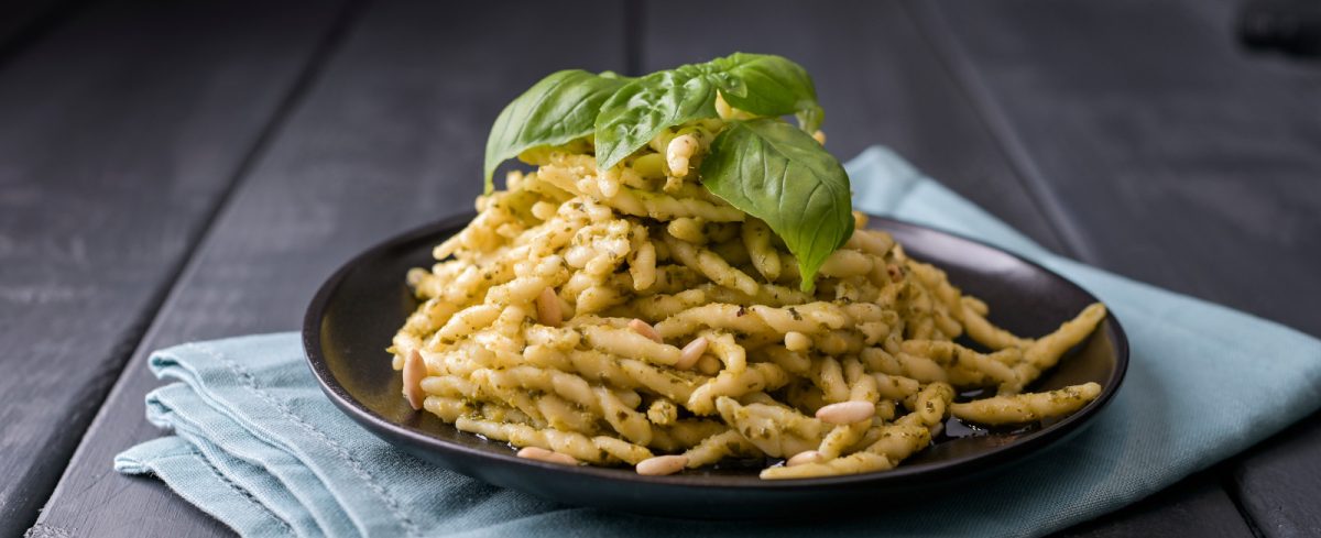 Close-up of a traditional south of Italy pesto pasta