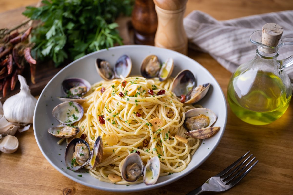 Close-up of the Spaghetti alle vongole, an Italian pasta with clams