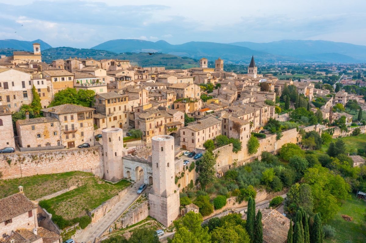 Aerial view of the Italian town of Spello in Umbria, Italy