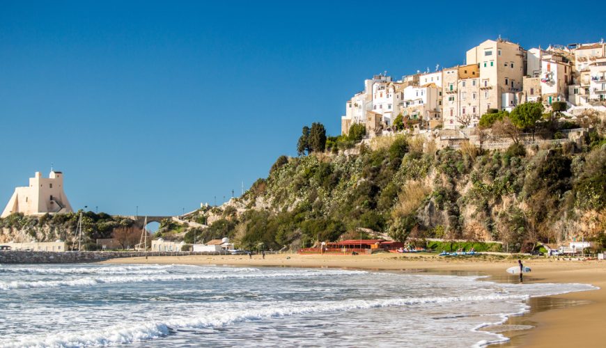 Panoramic view of houses by the ocean in Sperlonga, Lazio, Italy