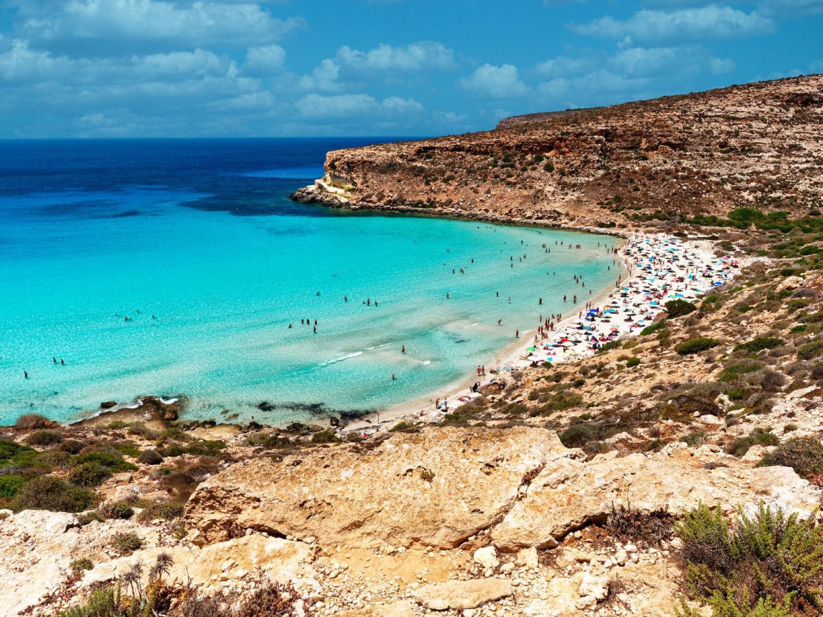 Aerial view of the Spiaggia dei Conigli or the Rabbit Beach in Italy