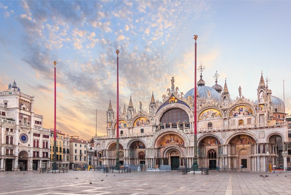 St Mark's Basilica, and the Clocktower at Piazza San Marco in Venice, Italy