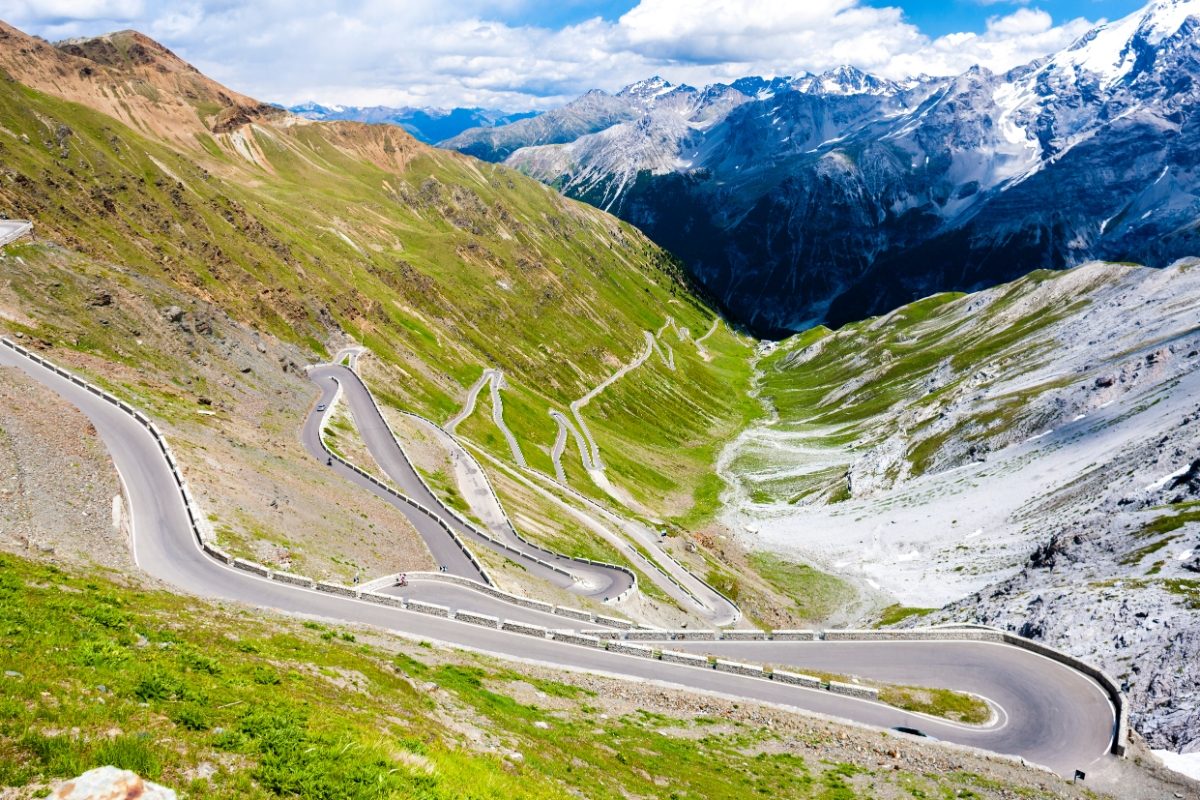 Panoramic view of the Stelvio Pass or the Passo dello Stelvio road in Alto Adige, Italy