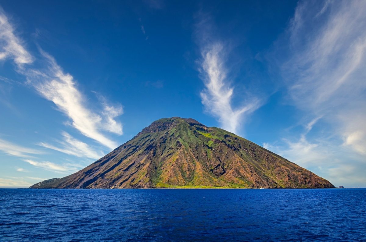 Panoramic view of the Volcanic island Stromboli in Lipari, Sicily, Italy