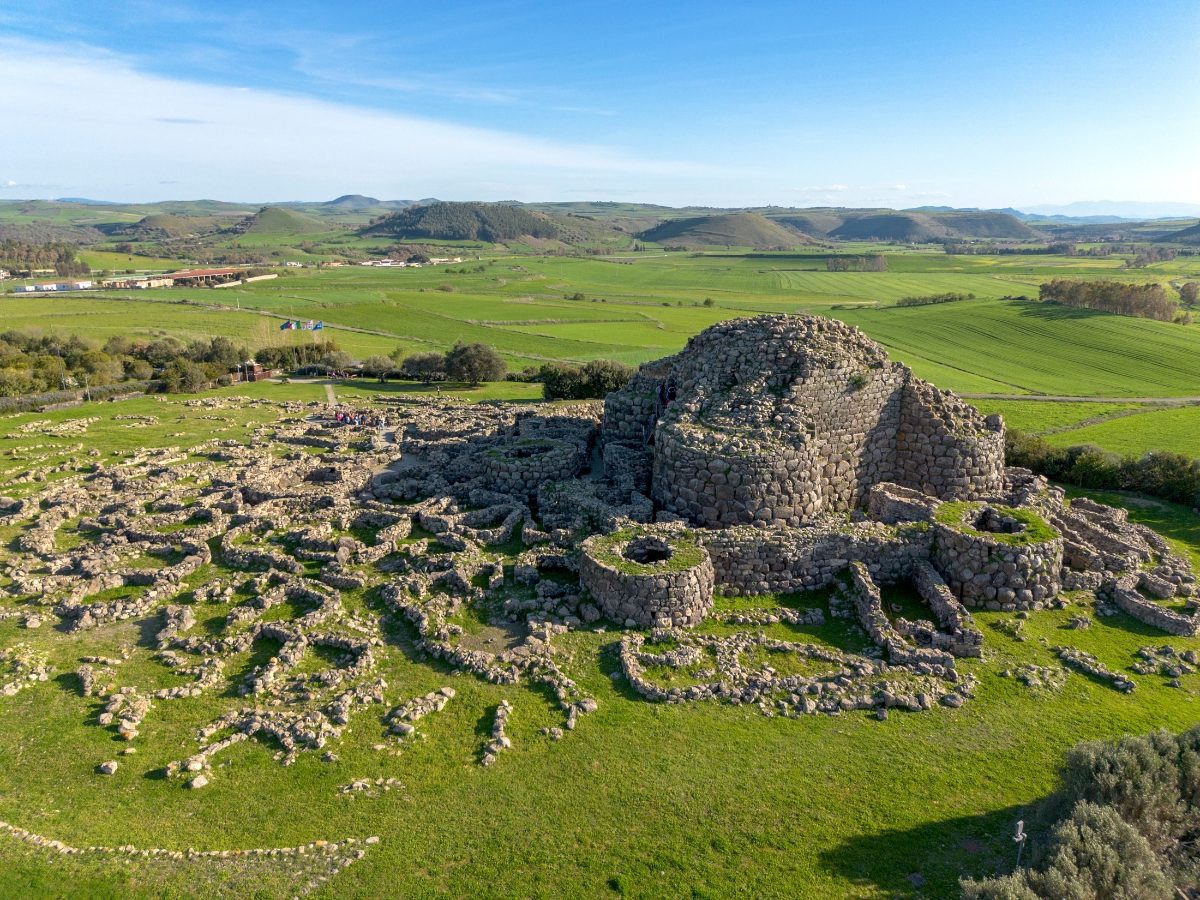 Aerial view of the Su Nuraxi di Barumini archaeological complex at Barumini in Sardinia, Italy