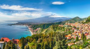 Aerial view of the ocean by the Taormina and Etna volcano in Italy