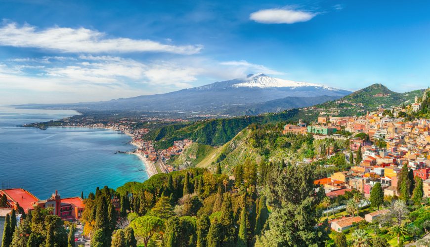 Aerial view of the ocean by the Taormina and Etna volcano in Italy