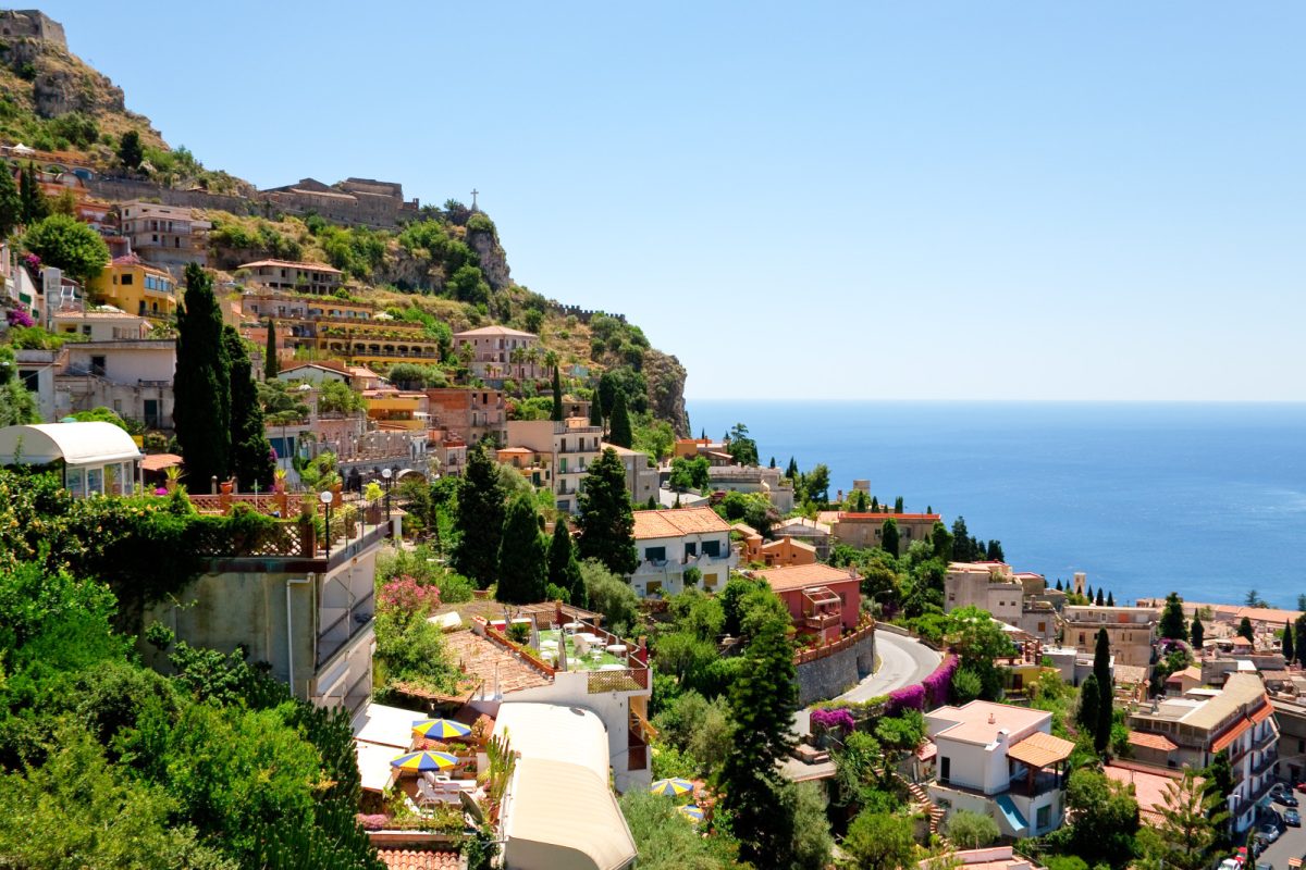 Panoramic view of Taormina town in Italy