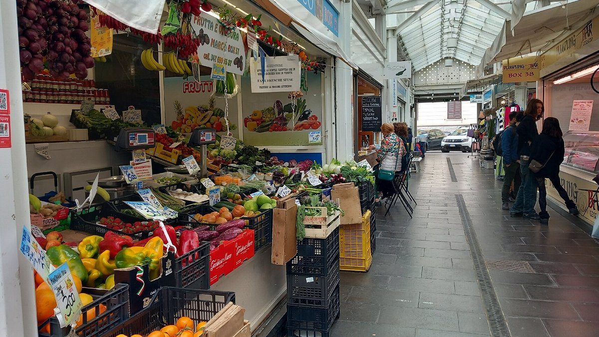 Testaccio Market stalls and vendors in Rome, Italy