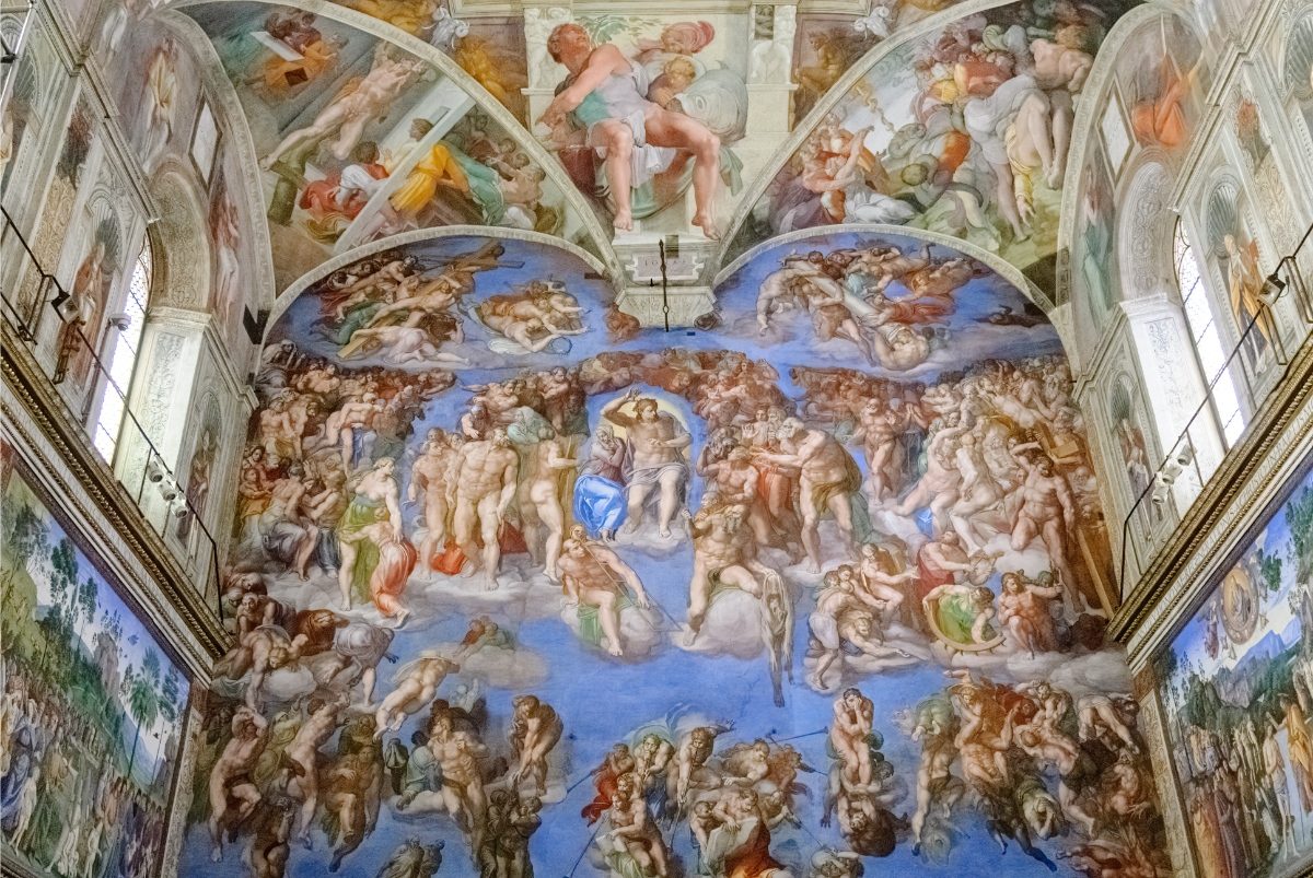 The Last Judgement painting by Michelangelo on the wall of the Sistine Chapel in Vatican Museum, Rome, Italy