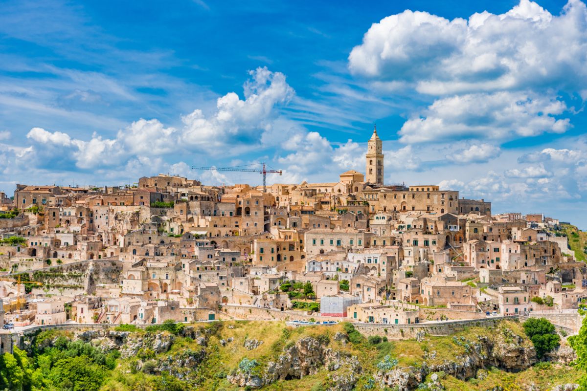 Panoramic view of the Sassi and the Park of the Rupestrian Churches of Matera in Matera, Italy 