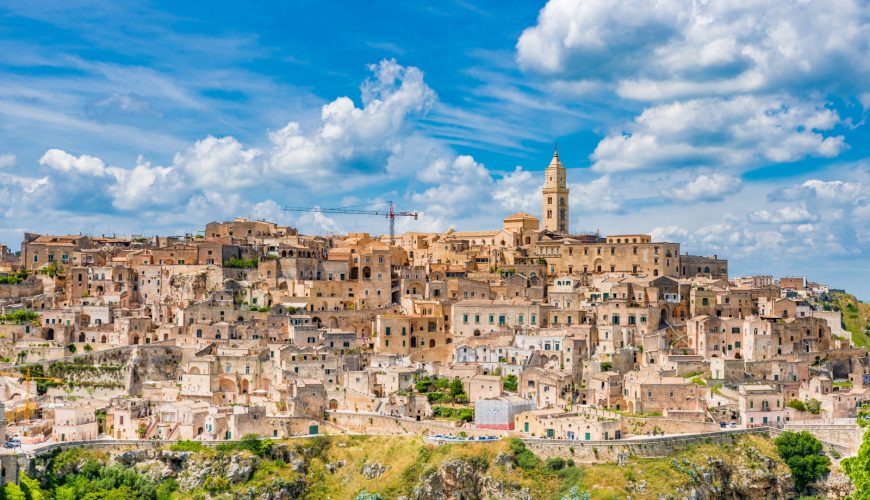 Panoramic view of the Sassi and the Park of the Rupestrian Churches of Matera in Matera, Italy