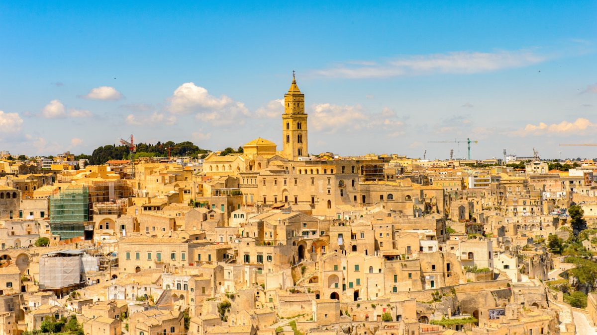 Panoramic view of the Sassi and the Park of the Rupestrian Churches of Matera in Matera, Puglia, Italy