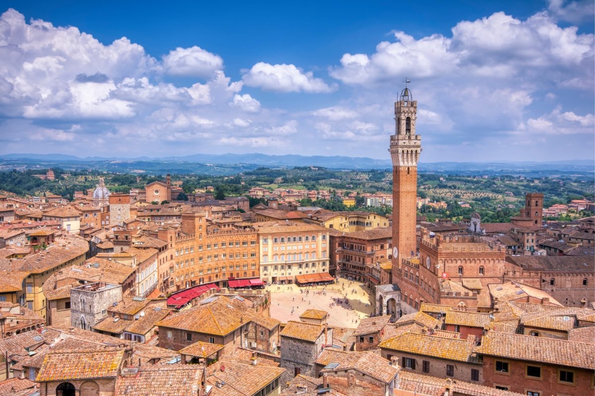 Aerial view of the Torre del Mangia and Piazza del Campo in Siena, Italy