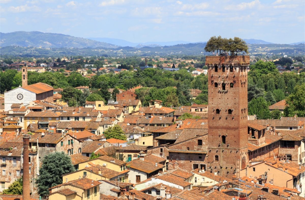 Panoramic view of Torre Guinigi clock-tower in Lucca, Tuscany