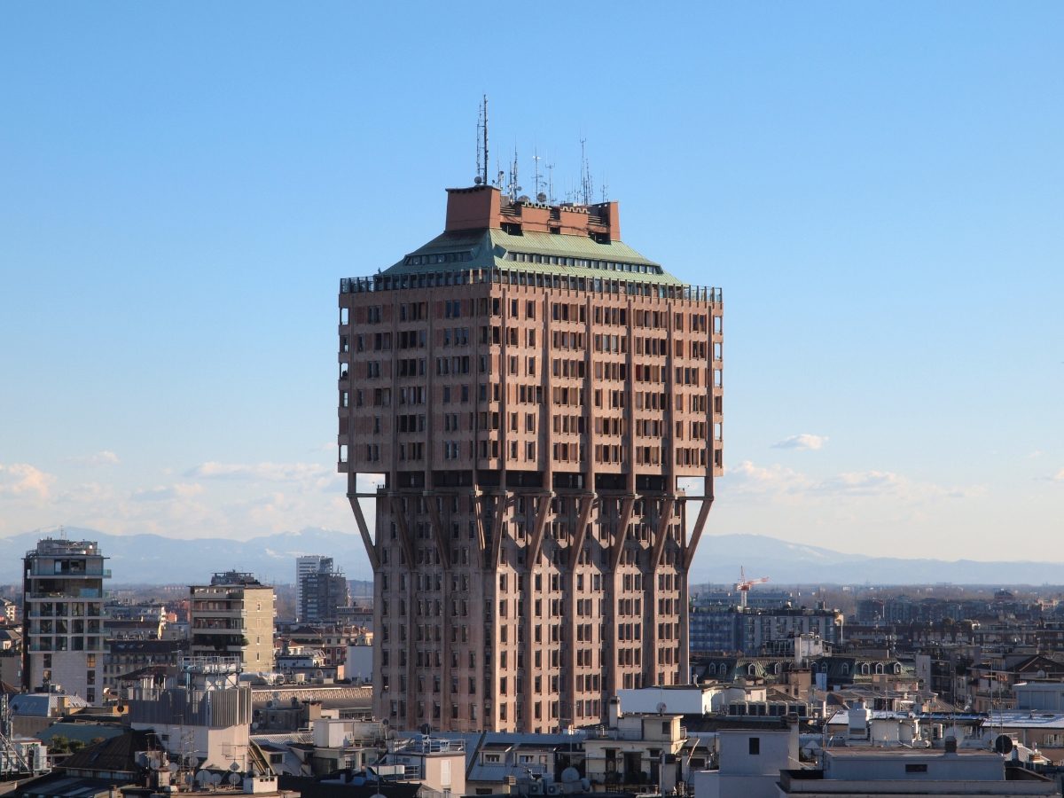 Building exterior of the Torre Velasca in Milan, Italy