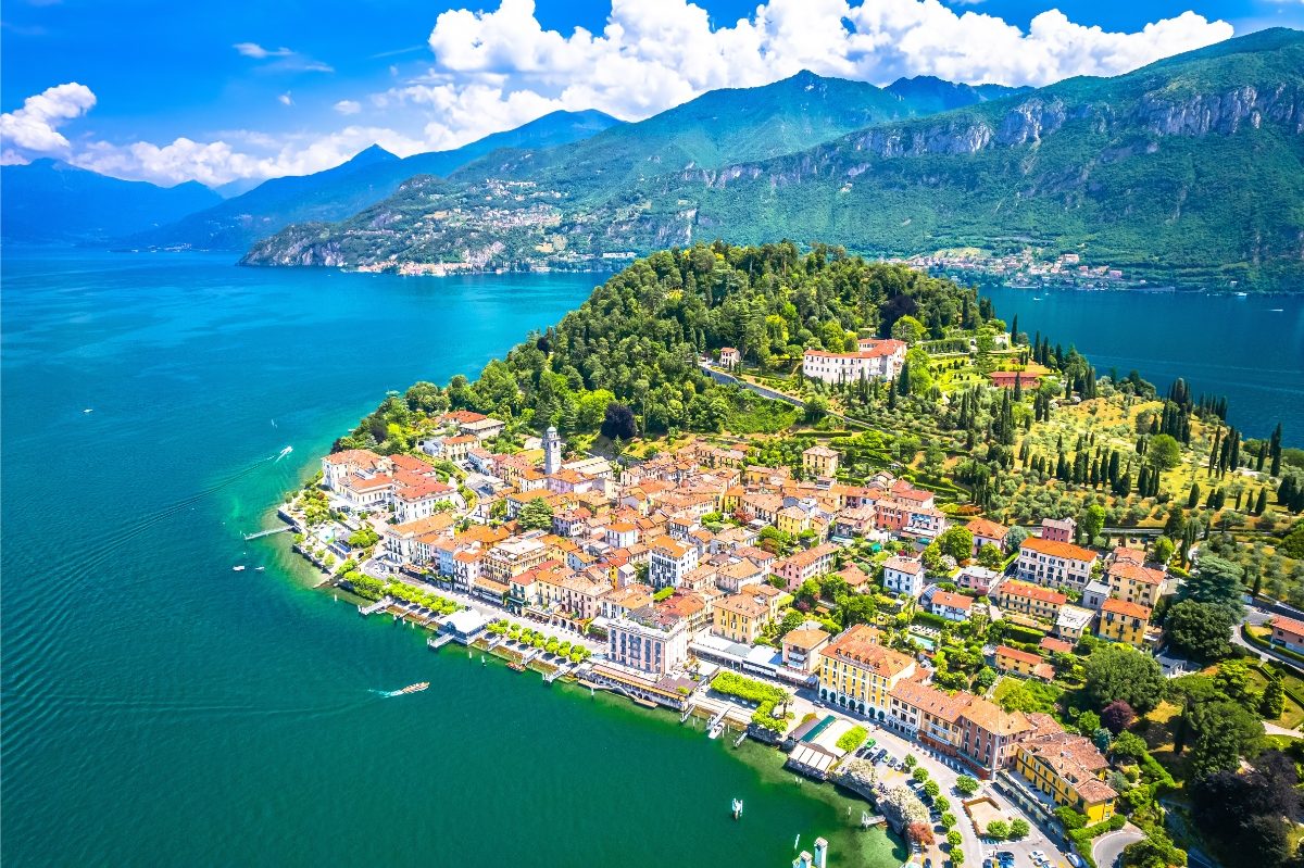 Aerial view of the town of Bellagio nestled along the shores of Lake Como