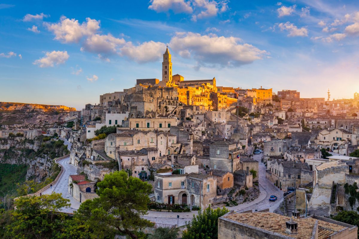 Stunning sunset view of the village of the town of Matera in Italy