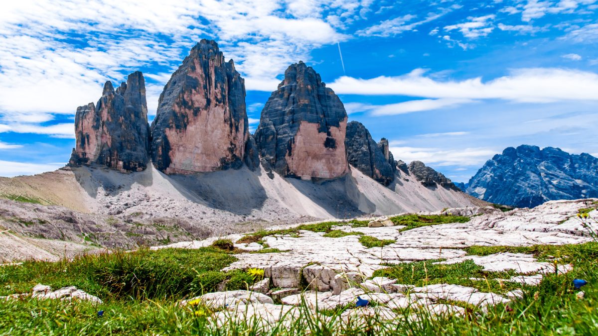 Panoramic view of Tre Cime di Lavaredo  and skyline in Dolomites, Italy