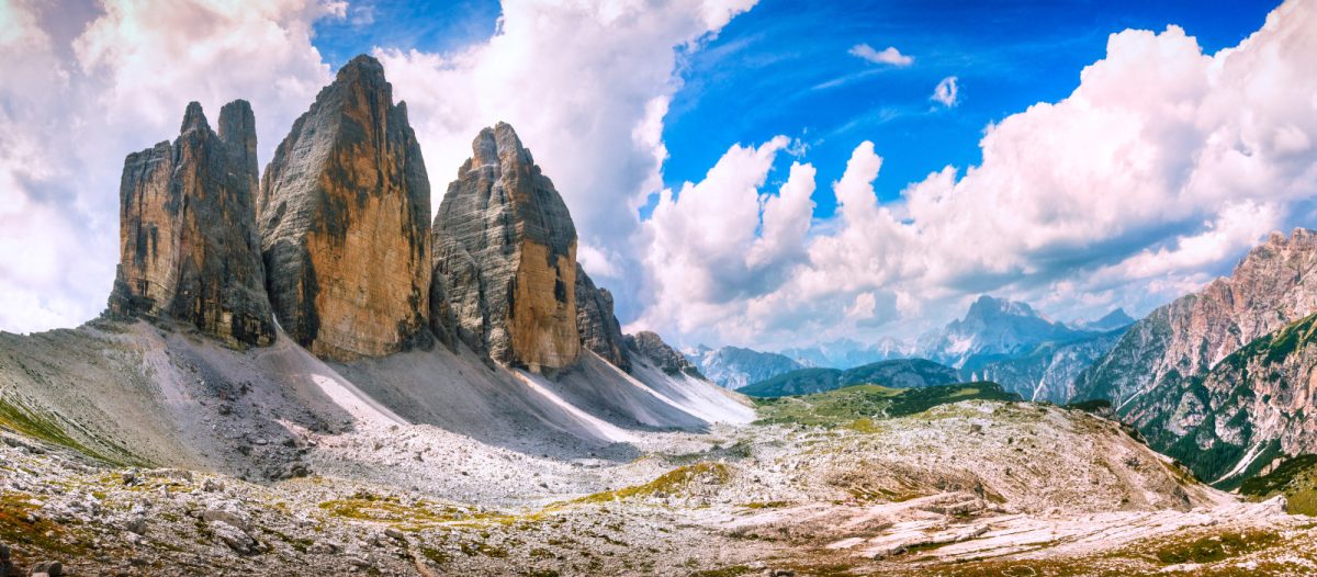 Panoramic view of Tre Cime di Lavaredo in Dolomites, Italy