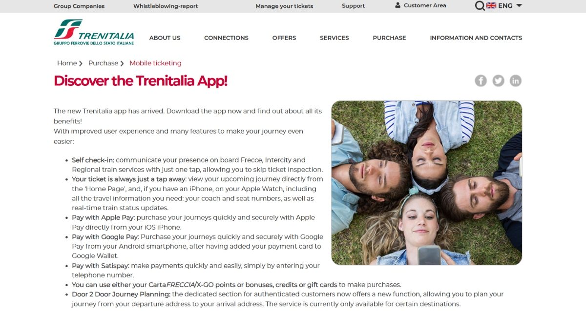 Trenitalia App information on the Trenitalia website