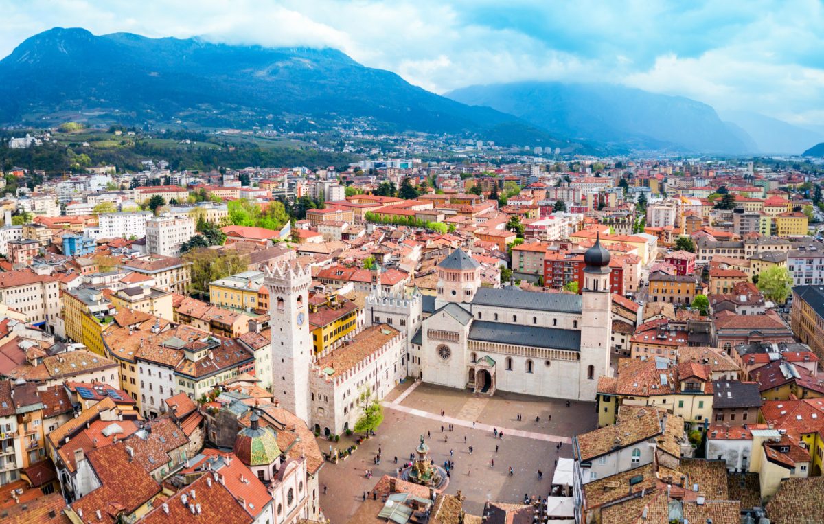 Aerial view of San Vigilio Cathedral and Trento, Italy cityscape 