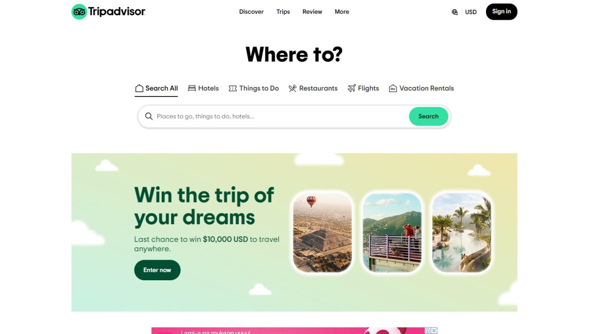 TripAdvisor website landing page