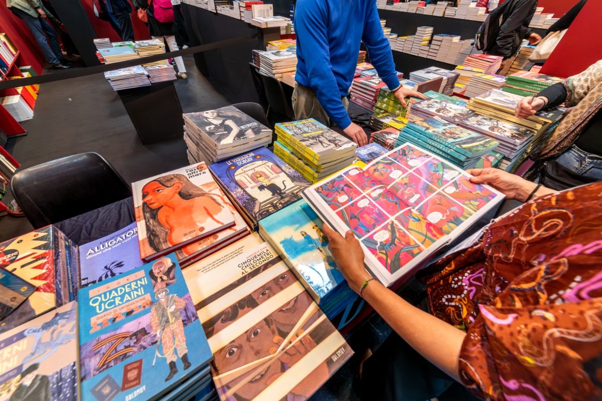 Variety of book stacks are displayed at the Turin International Book Fair in Turin