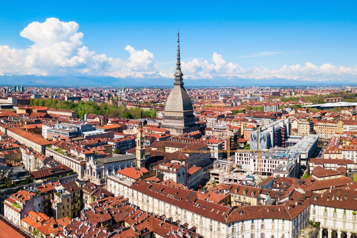 Aerial view of the Turin, Italy cityscape and skyline