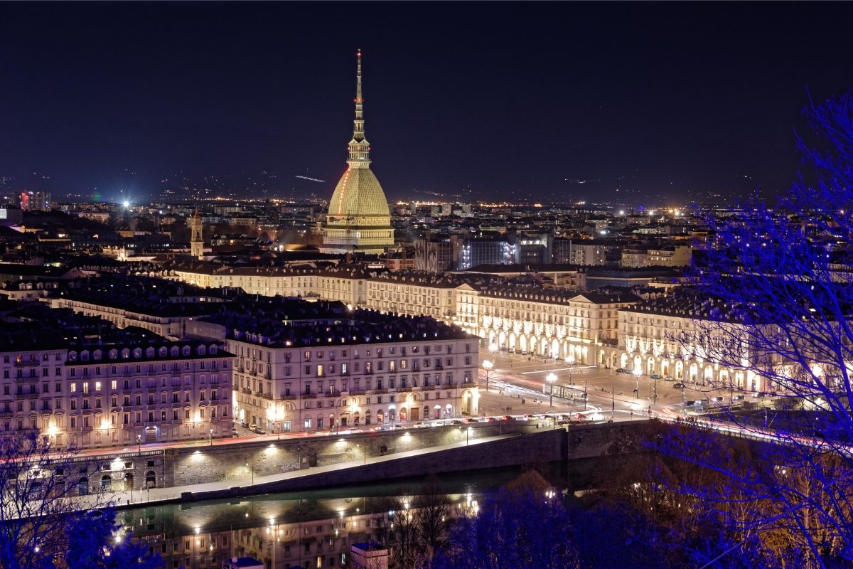 Panoramic view of Mole Antonelliana and Turin, Italy night lights