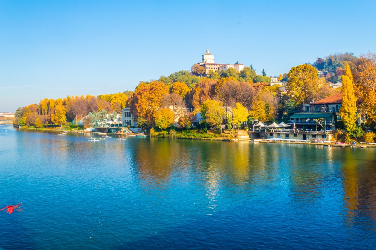 Panoramic view of Po River landscape and autumn view in Turin, Italy