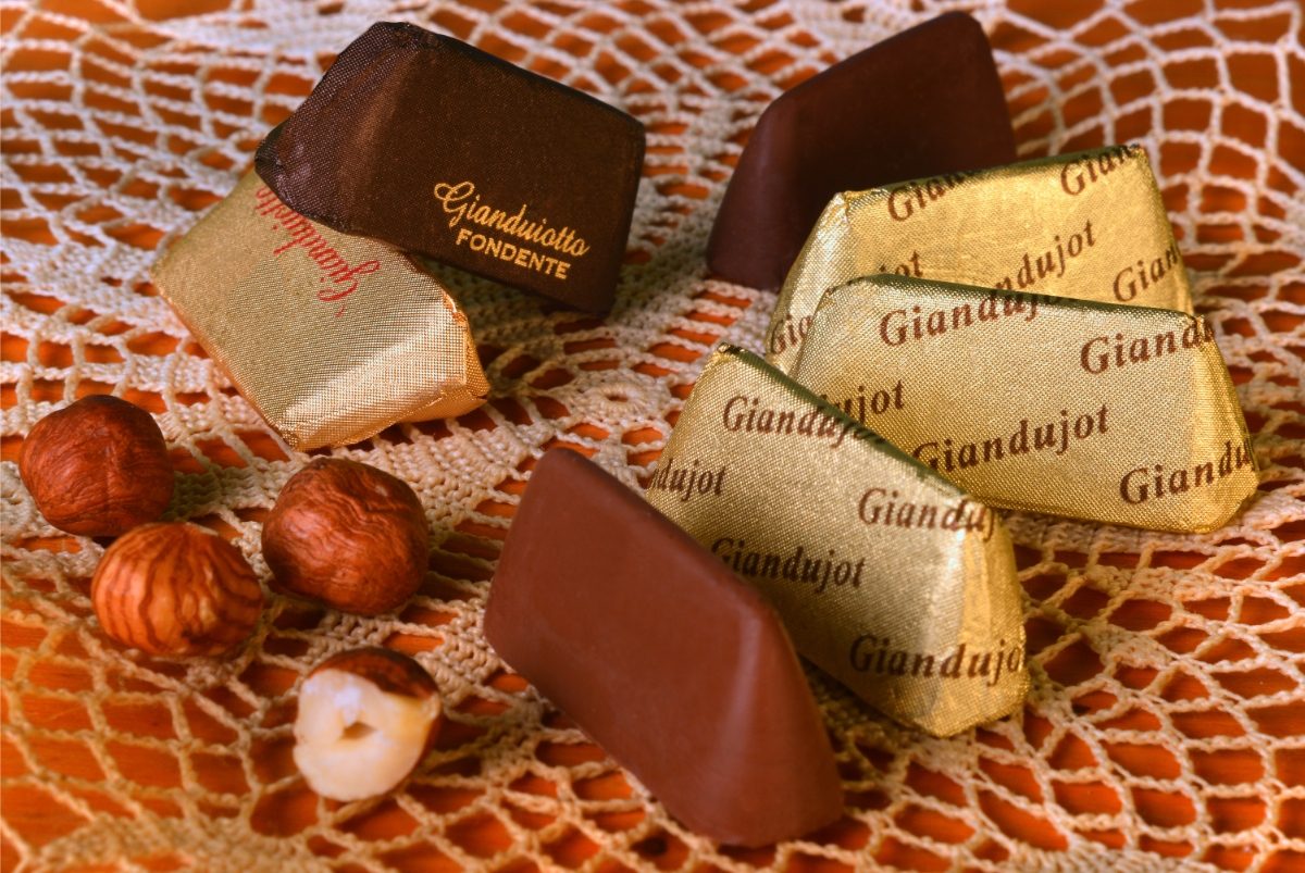 Close-up of the Gianduiotto, the iconic Piedmont chocolates infused with hazelnuts in Turin, Piedmont, Italy