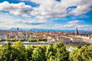 Aerial view of Turin, Italy, showcasing the city center with its charming cityscape and skyline