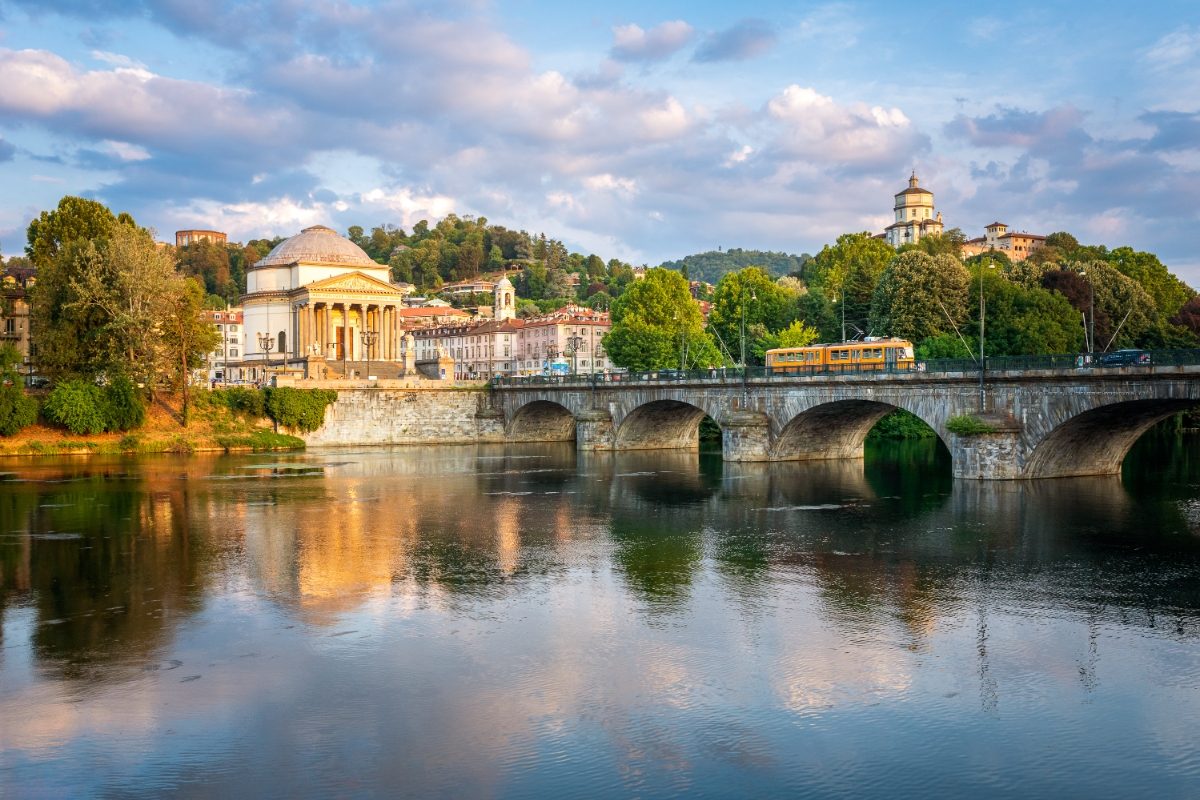 Panoramic view of river Po and Turin architectures in Turin, Piedmont, Italy