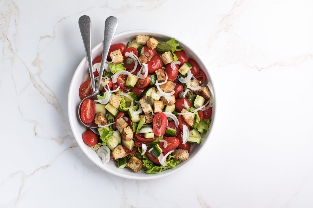 Traditional Italian salad Tuscan Panzanella with tomatoes and bread