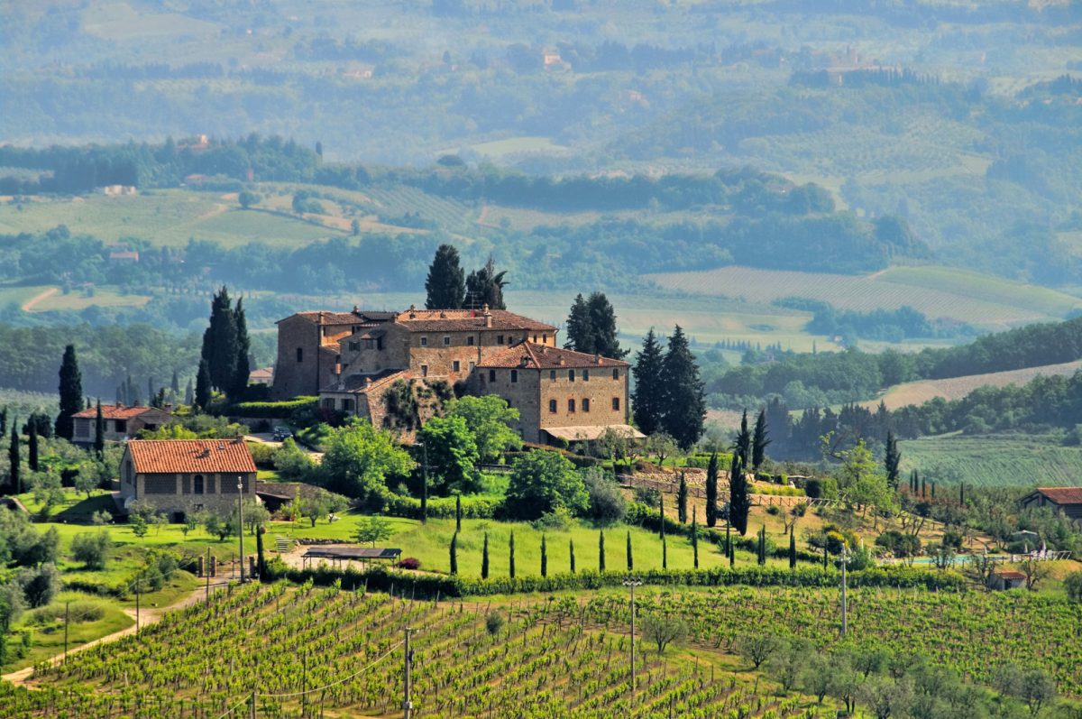 Aerial view of Tuscany, Italy Vineyards and historic architecture