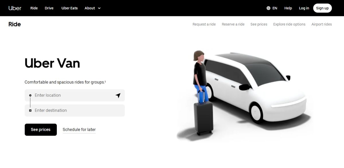 Uber Van Uber website page