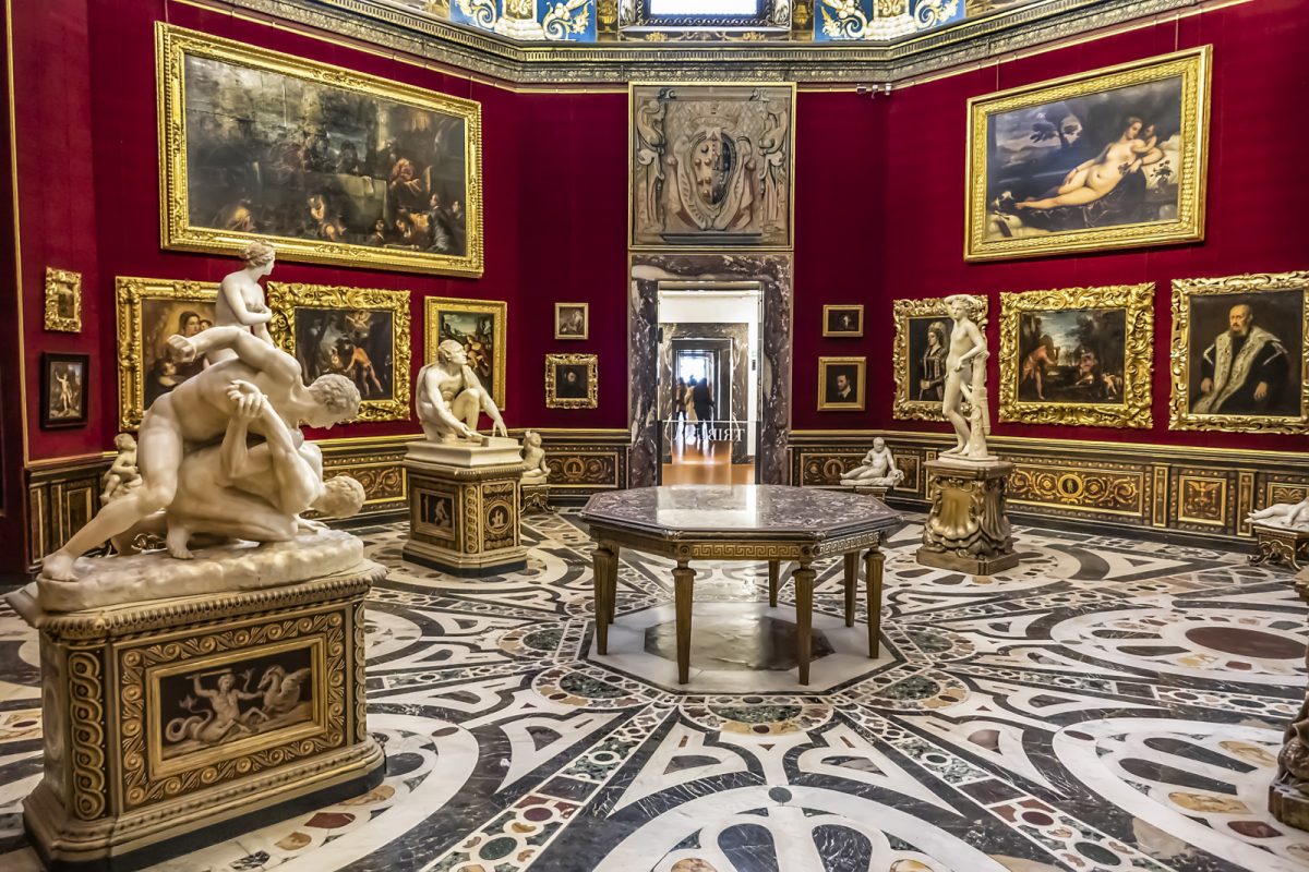 Interior and the art exhibit of the famous Uffizi Gallery in Florence, Italy