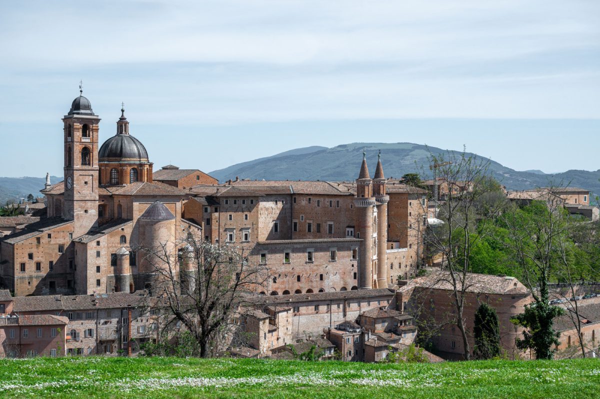 Panoramic view of the Ducal Palace building in Urbino, Italy