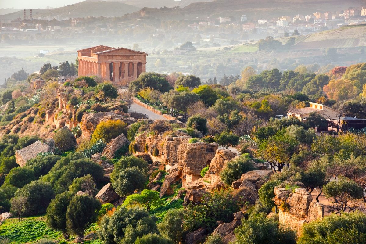 Panoramic view of the remains of the Temple of Concordia part of the Valle dei Templi in Agrigento, Sicily Island, Italy