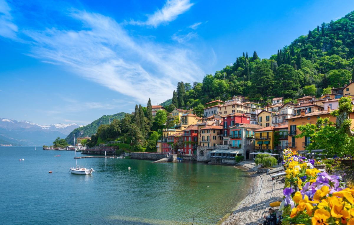 The skyline of the colorful village of Varenna overlooking Lake Como, Italy